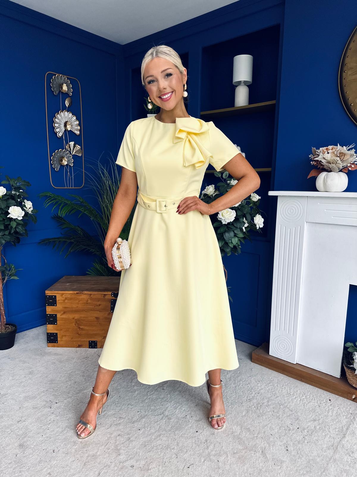 Sorelle Belted Occasion Midi Dress Yellow
