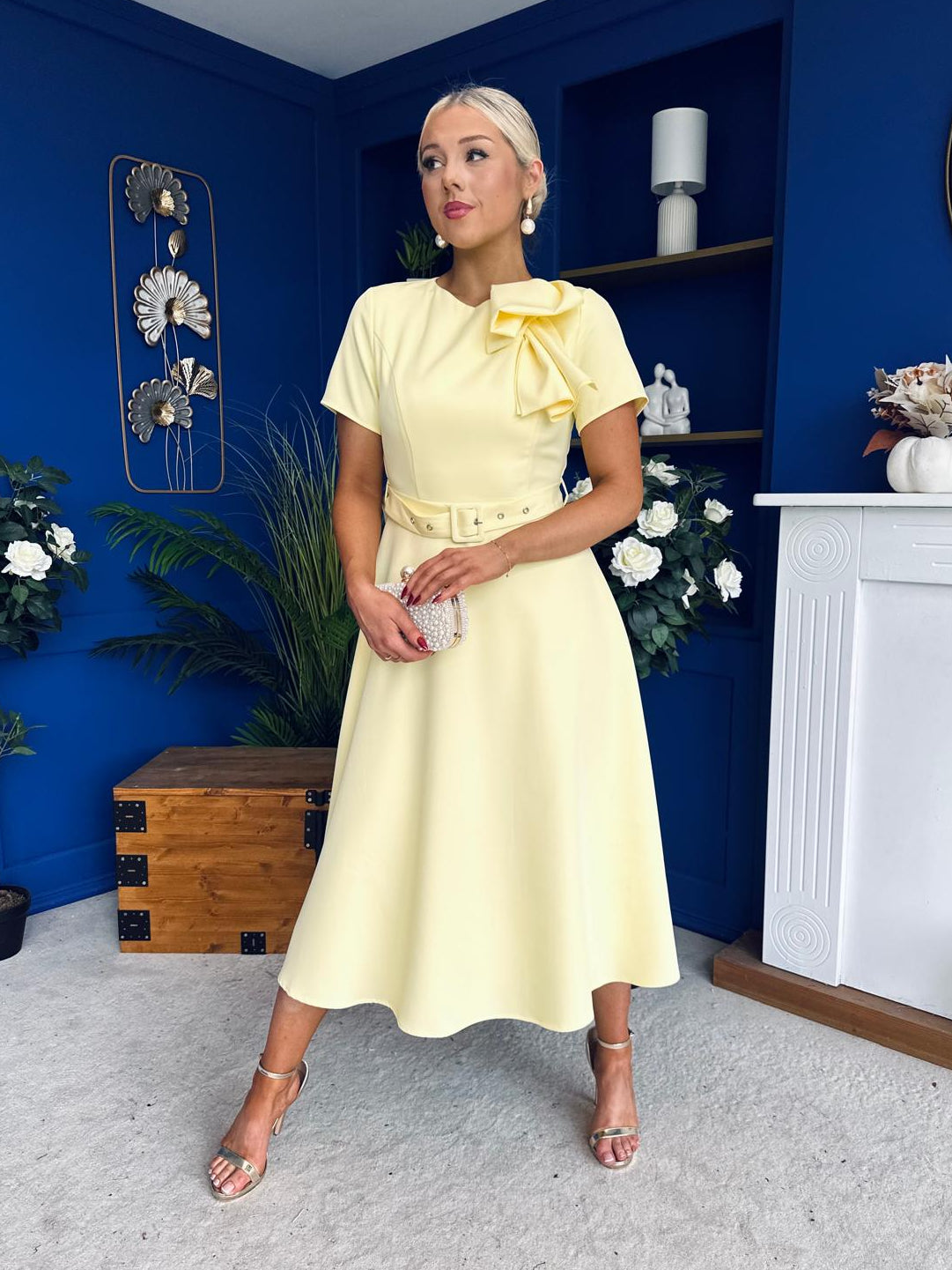 Sorelle Belted Occasion Midi Dress Yellow