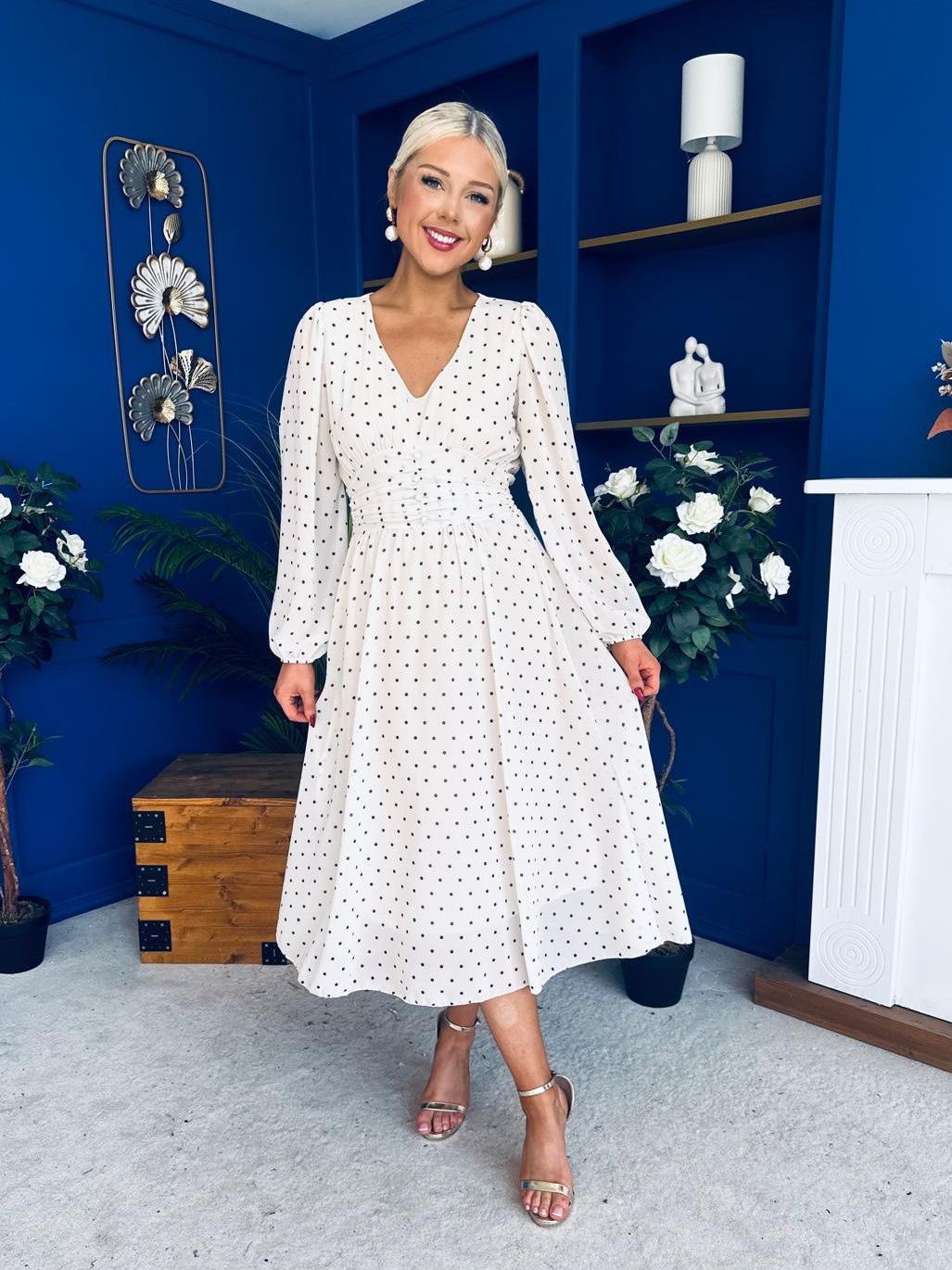 Bronagh Banded Midi Dress Polka Cream