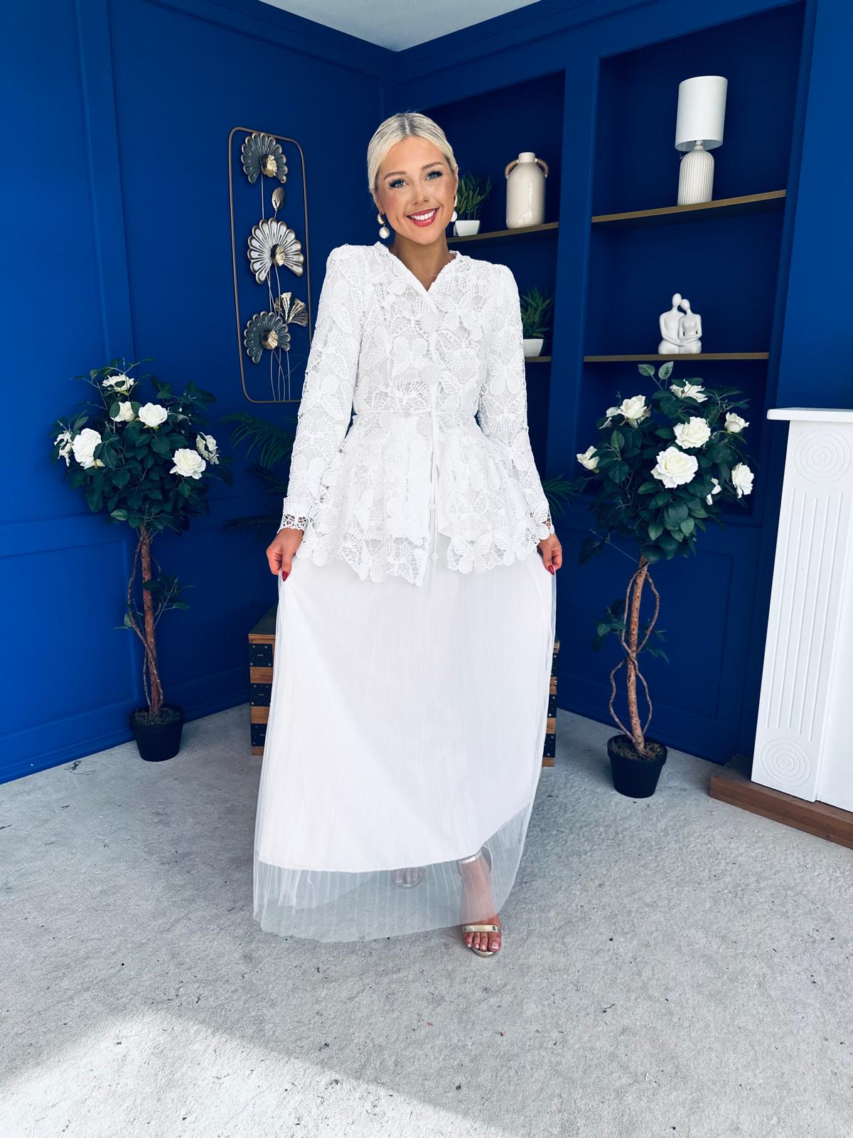 Raya Crochet Jacket & Tulle Skirt Set White