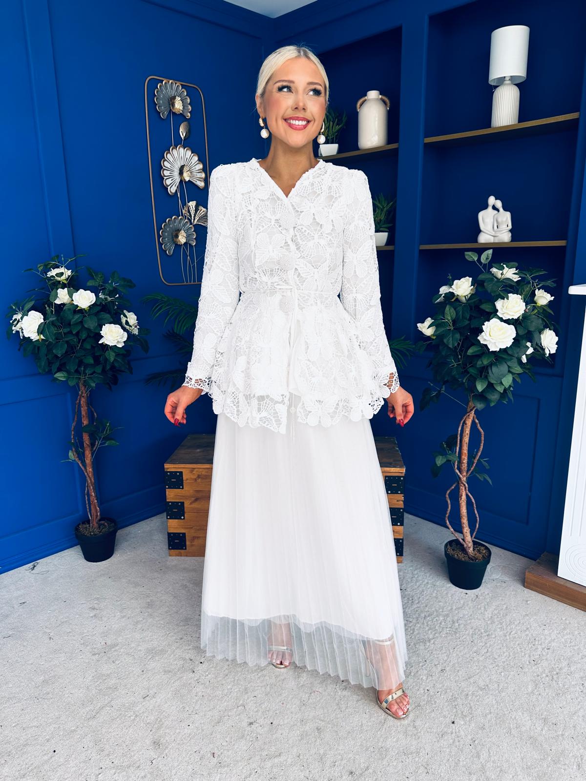 Raya Crochet Jacket & Tulle Skirt Set White