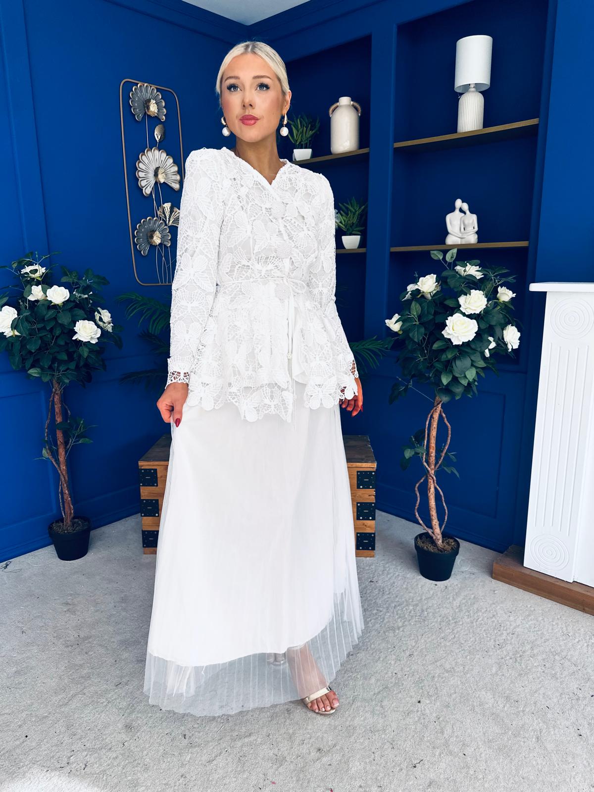 Raya Crochet Jacket & Tulle Skirt Set White