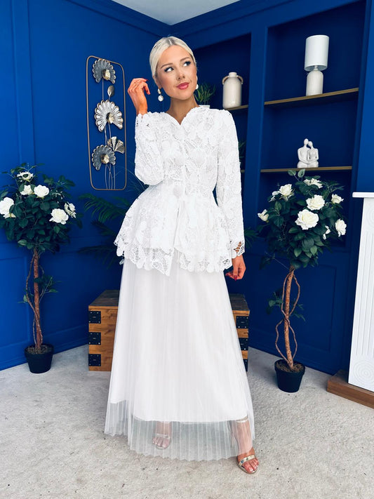 Raya Crochet Jacket & Tulle Skirt Set White