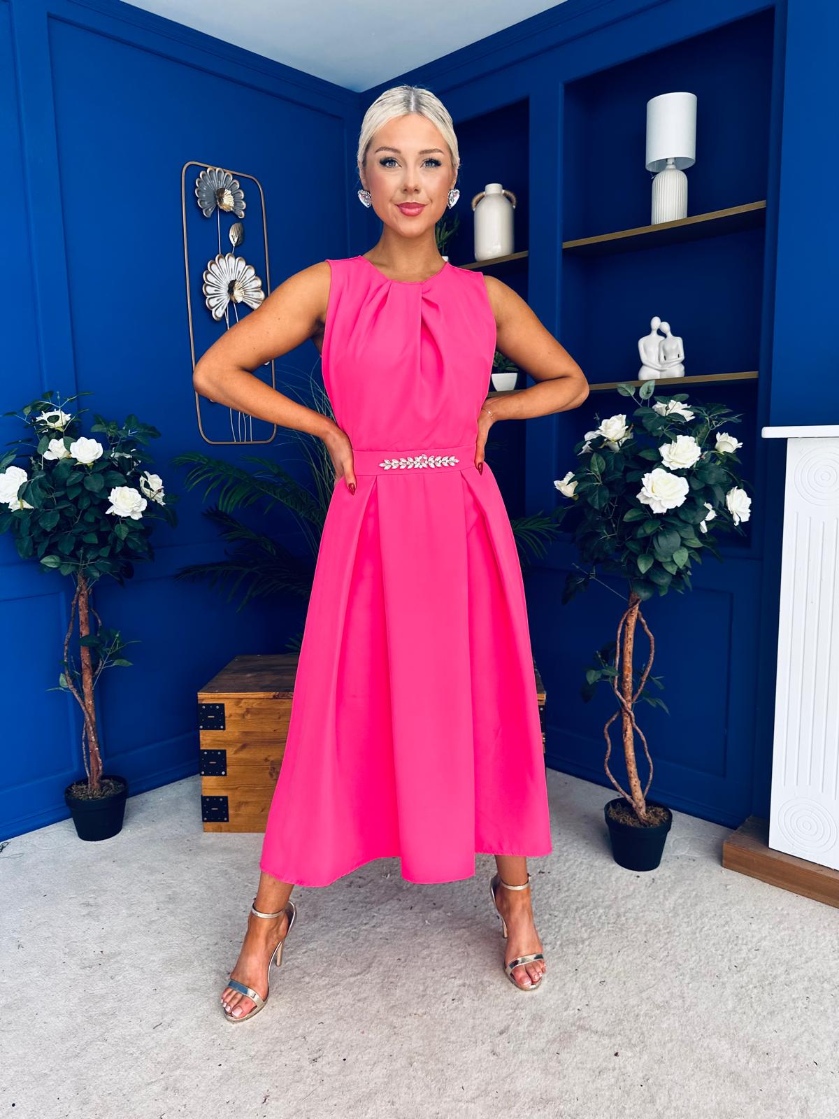 Riadh Detailed Occasion Midi Dress Fuchsia