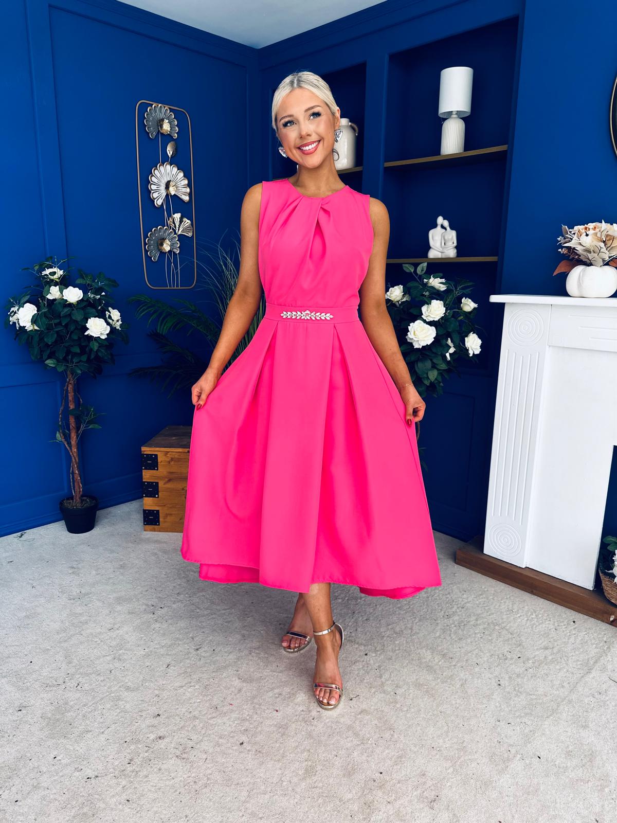 Riadh Detailed Occasion Midi Dress Fuchsia