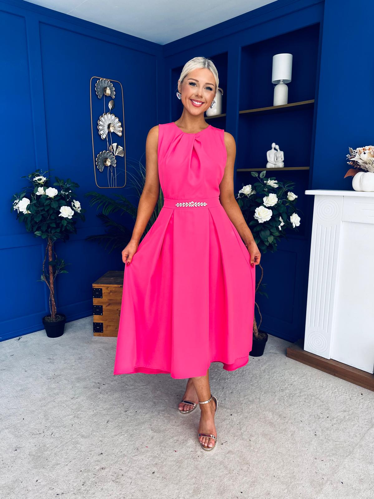 Riadh Detailed Occasion Midi Dress Fuchsia