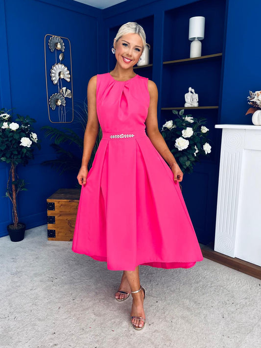 Riadh Detailed Occasion Midi Dress Fuchsia