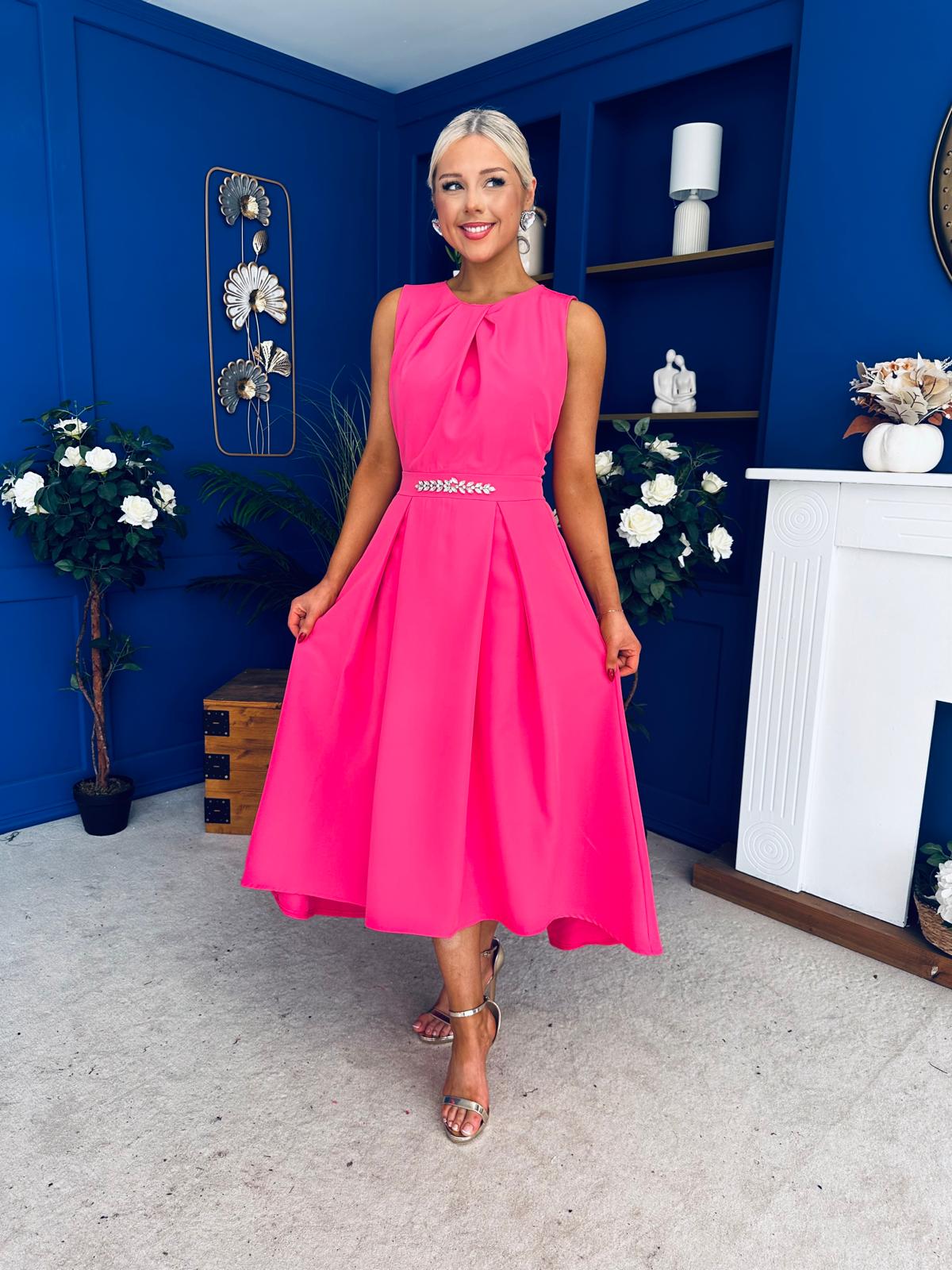 Riadh Detailed Occasion Midi Dress Fuchsia