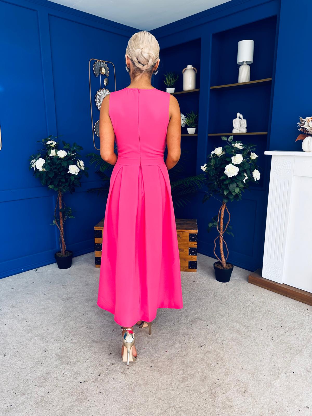 Riadh Detailed Occasion Midi Dress Fuchsia