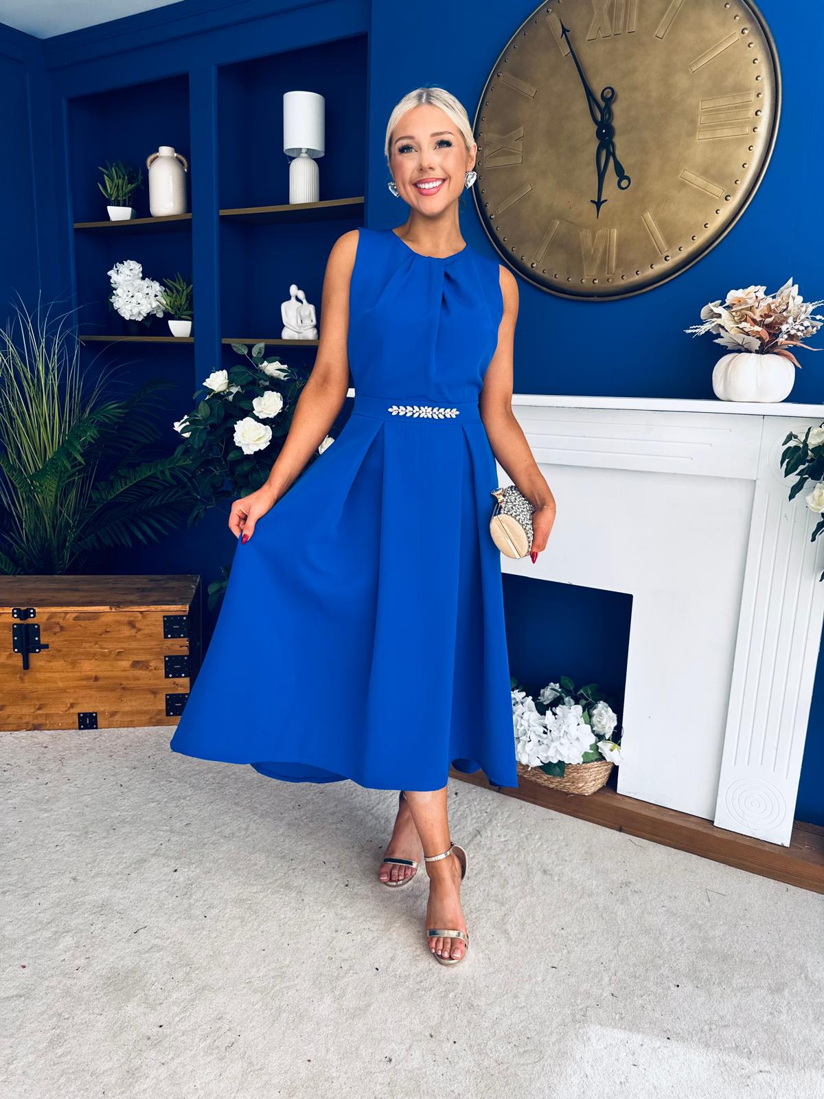 Riadh Detailed Occasion Midi Dress Cobalt