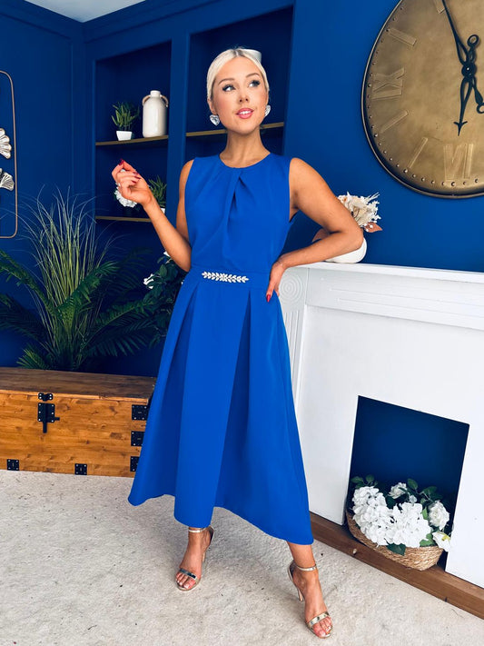 Riadh Detailed Occasion Midi Dress Cobalt