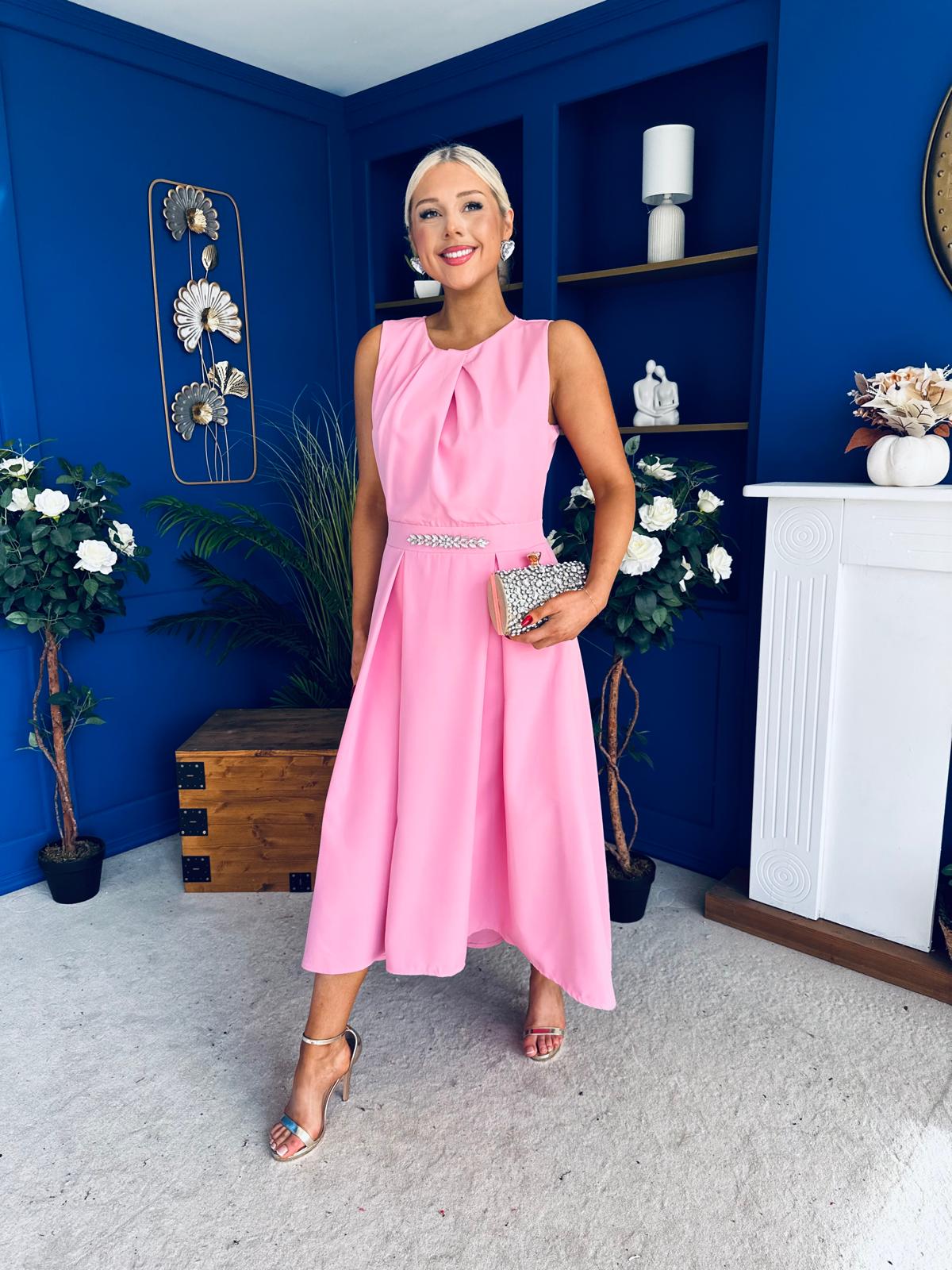 Riadh Detailed Occasion Midi Dress Pwr Pink