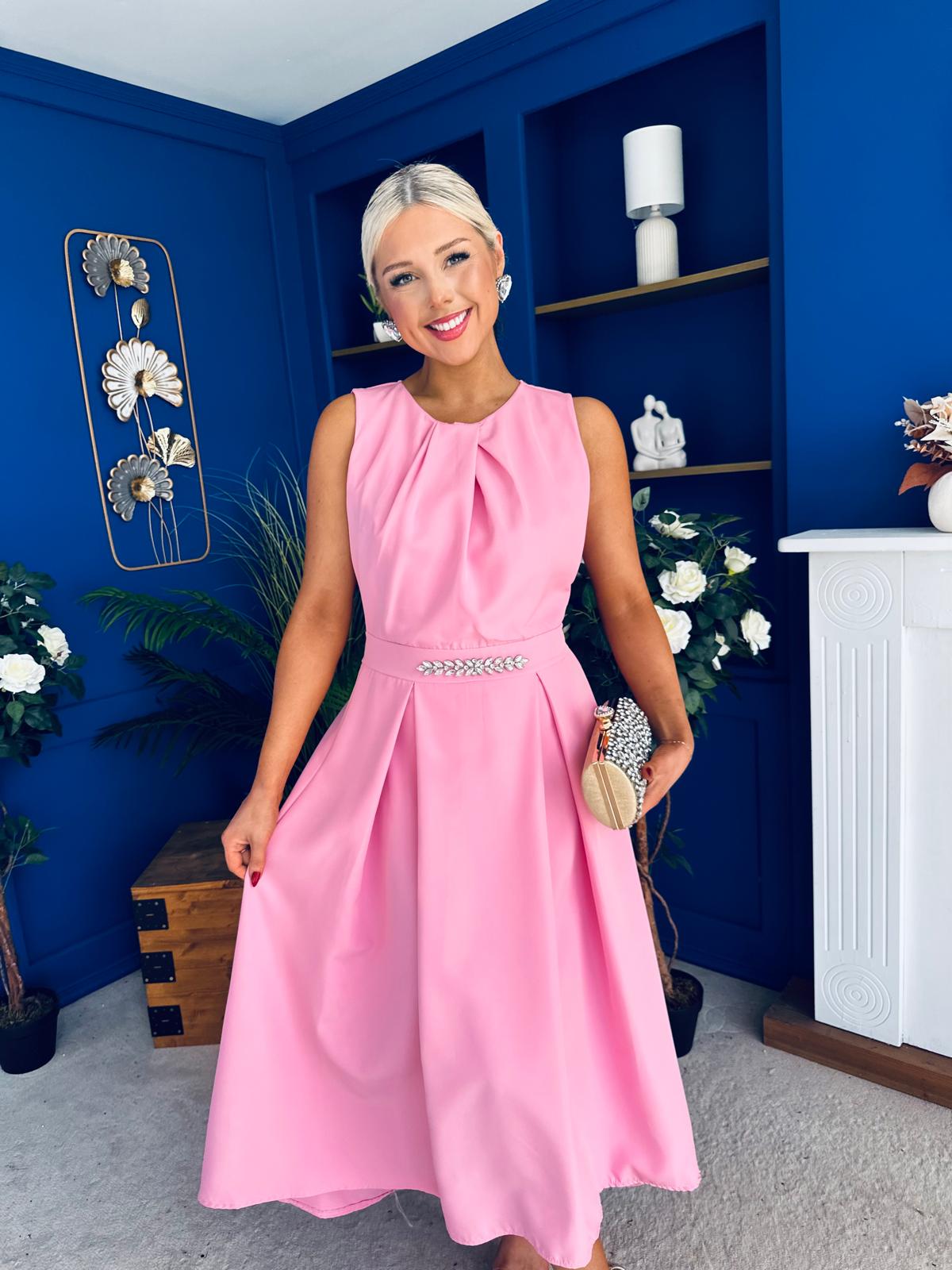 Riadh Detailed Occasion Midi Dress Pwr Pink