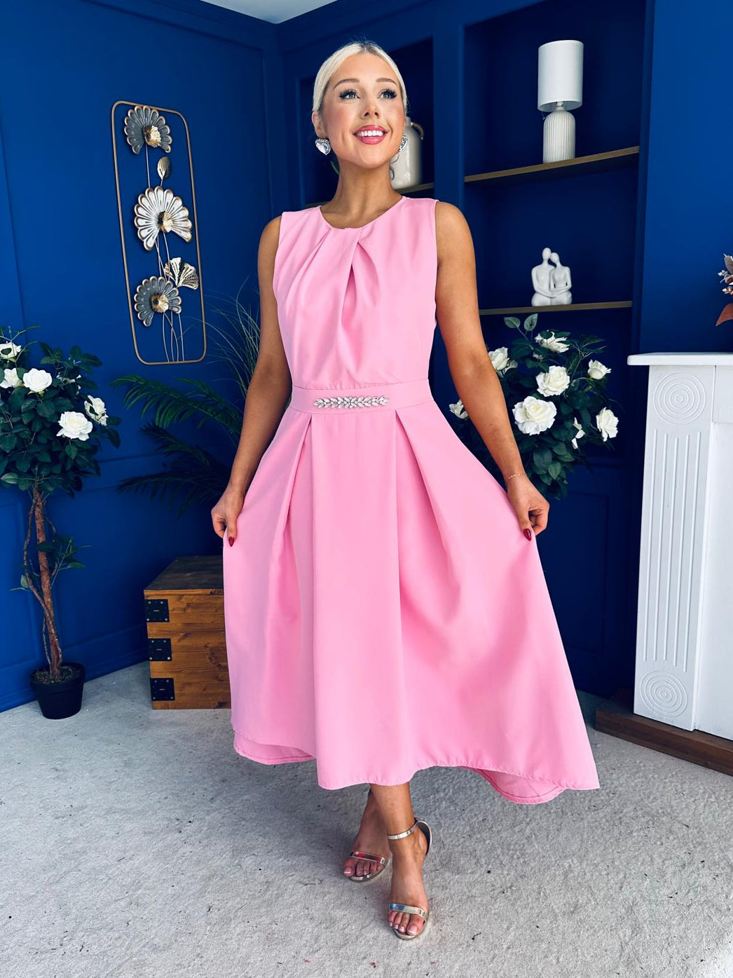 Riadh Detailed Occasion Midi Dress Pwr Pink