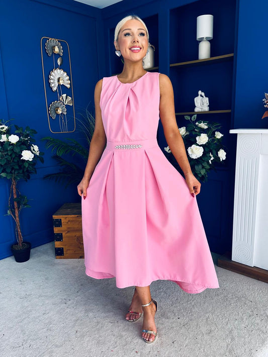 Riadh Detailed Occasion Midi Dress Pwr Pink