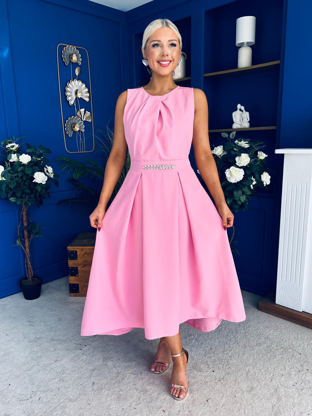 Riadh Detailed Occasion Midi Dress Pwr Pink