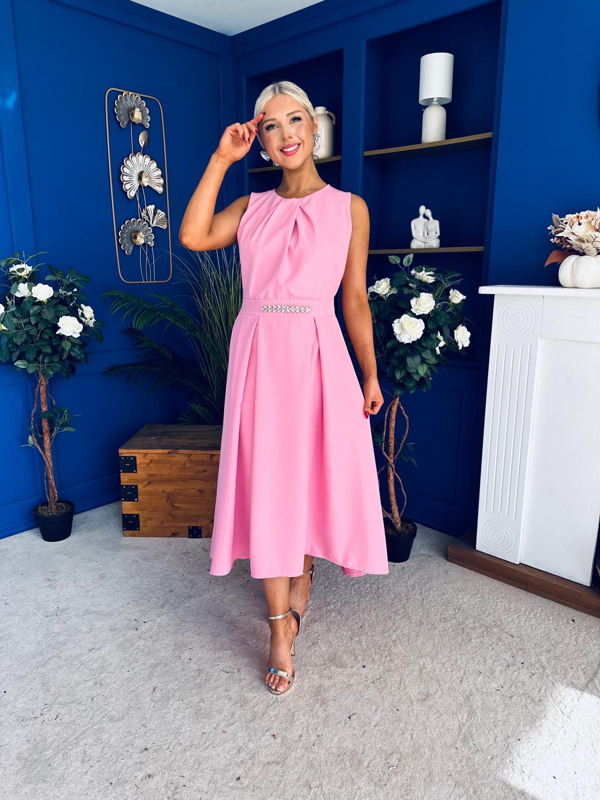 Riadh Detailed Occasion Midi Dress Pwr Pink