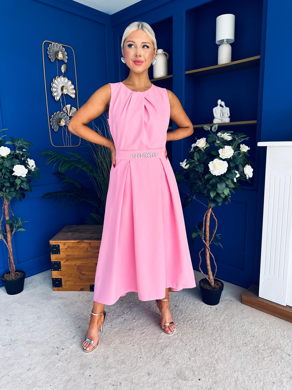 Riadh Detailed Occasion Midi Dress Pwr Pink