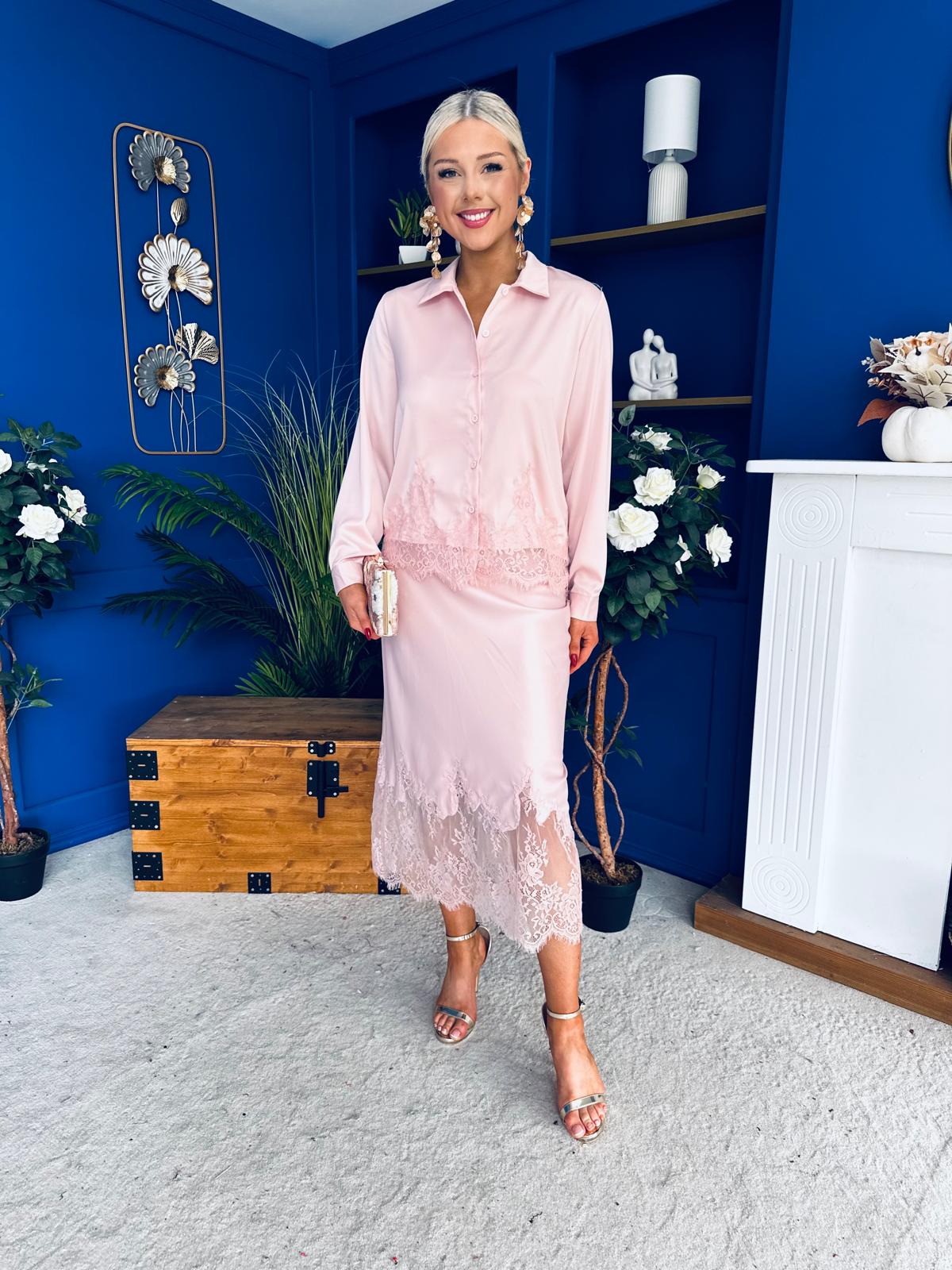 Bonnie Lace Detail Shirt & Skirt Set Blush