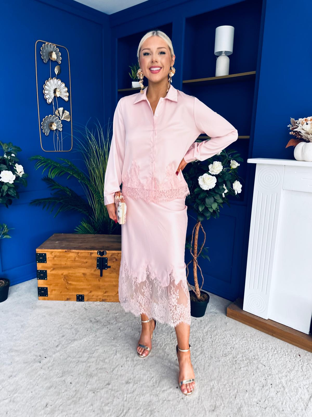 Bonnie Lace Detail Shirt & Skirt Set Blush