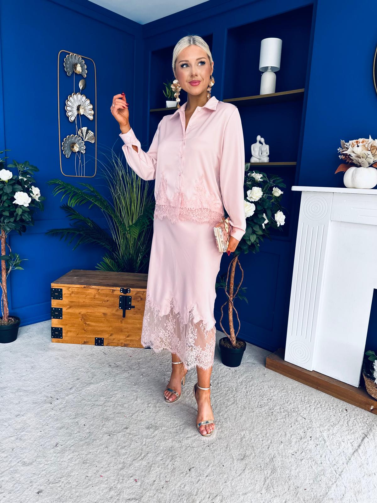 Bonnie Lace Detail Shirt & Skirt Set Blush