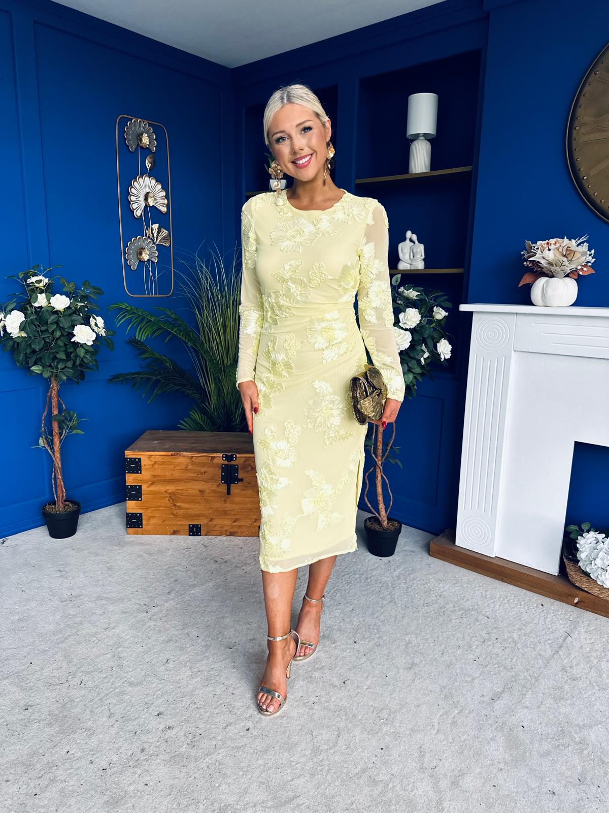 Elodie Floral Embroidered Mesh Bodycon Midi Dress Yellow