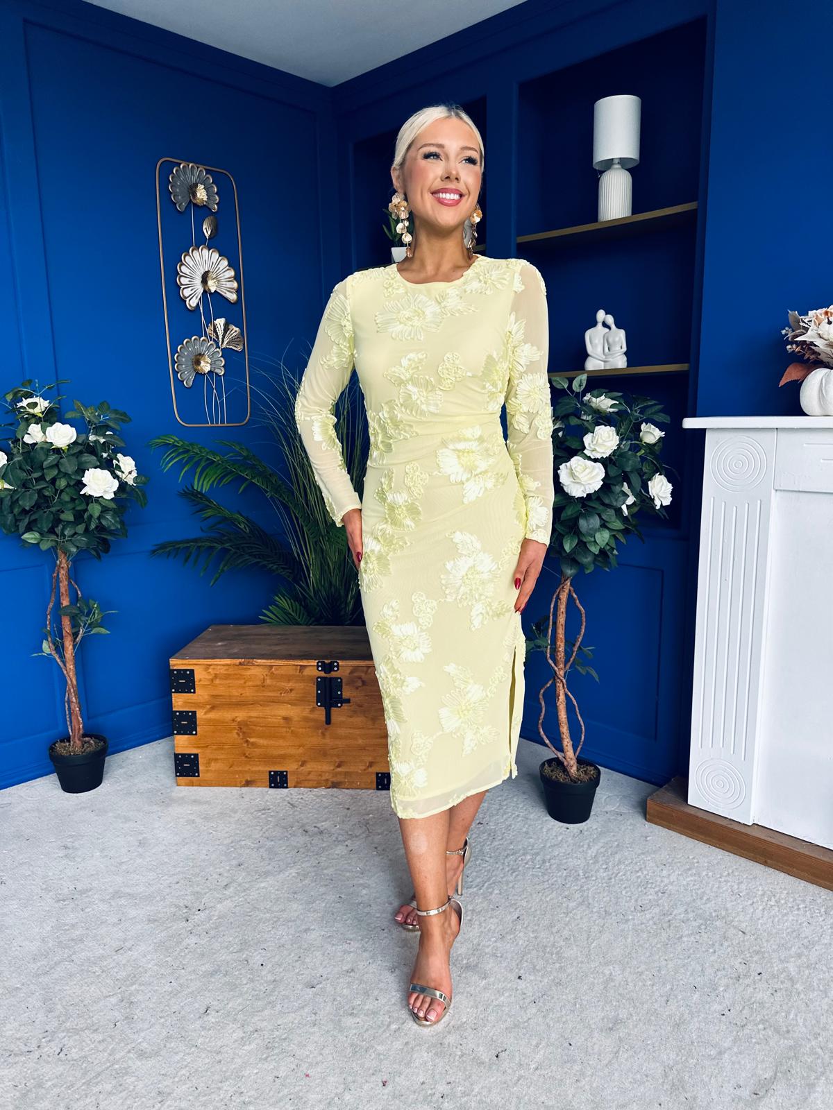 Elodie Floral Embroidered Mesh Bodycon Midi Dress Yellow