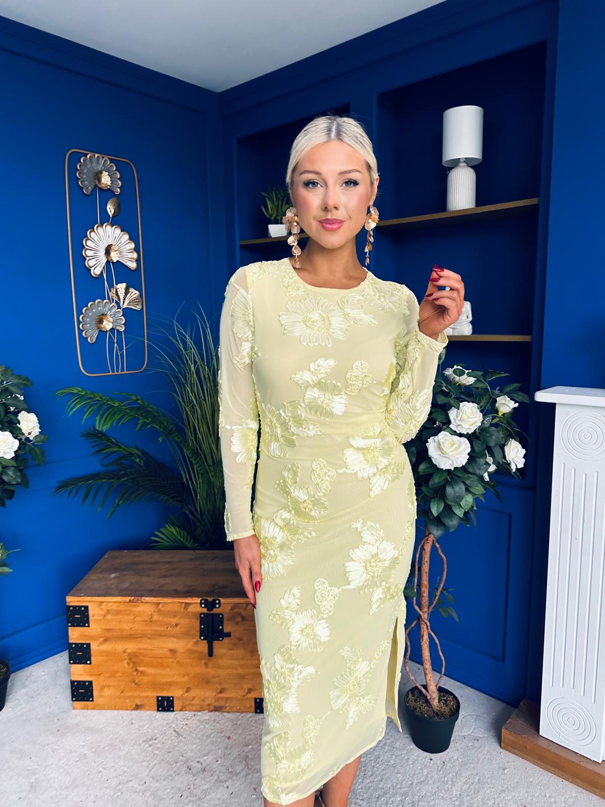 Elodie Floral Embroidered Mesh Bodycon Midi Dress Yellow