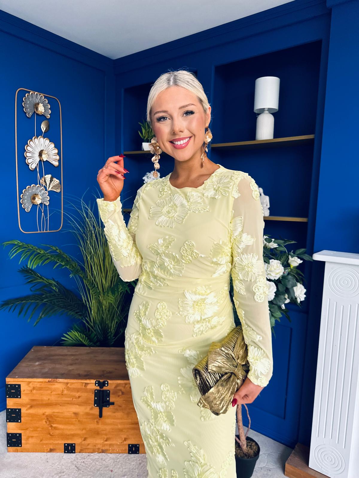 Elodie Floral Embroidered Mesh Bodycon Midi Dress Yellow