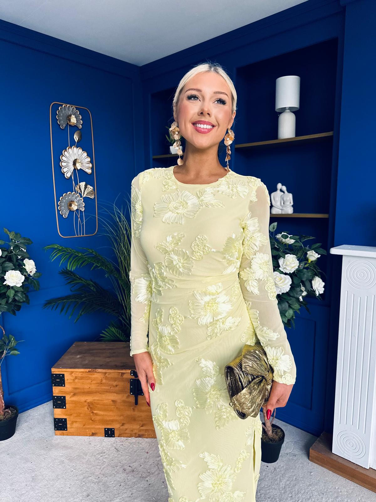 Elodie Floral Embroidered Mesh Bodycon Midi Dress Yellow