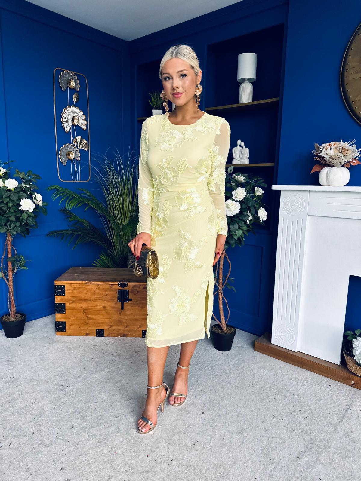 Elodie Floral Embroidered Mesh Bodycon Midi Dress Yellow