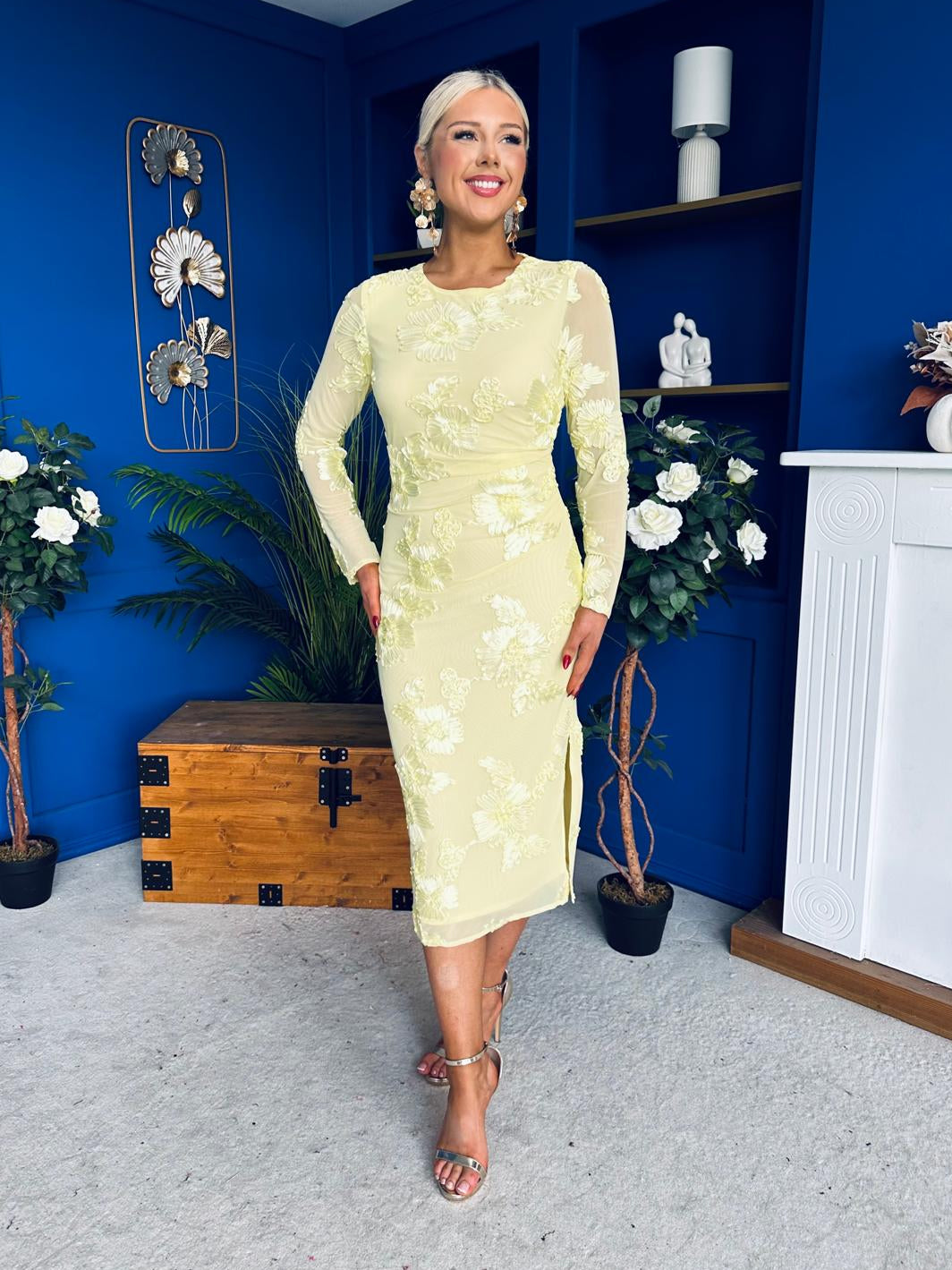 Elodie Floral Embroidered Mesh Bodycon Midi Dress Yellow