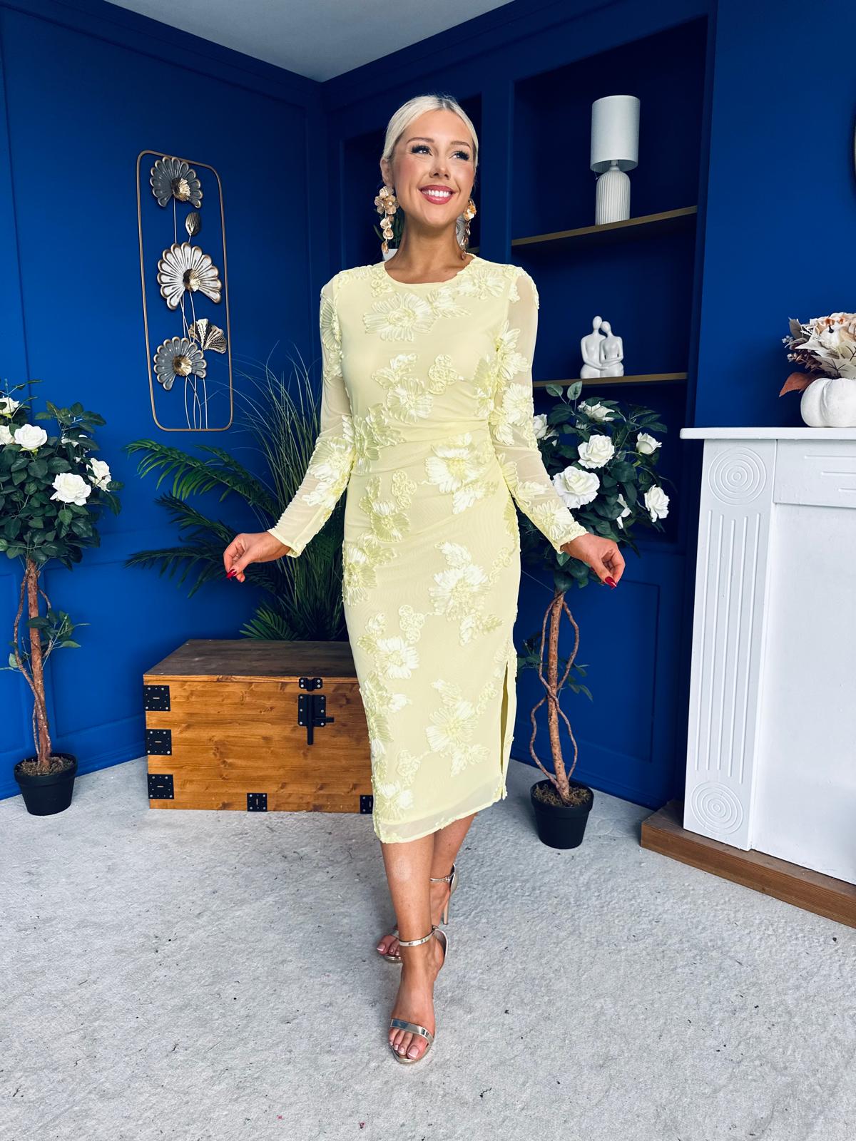 Elodie Floral Embroidered Mesh Bodycon Midi Dress Yellow