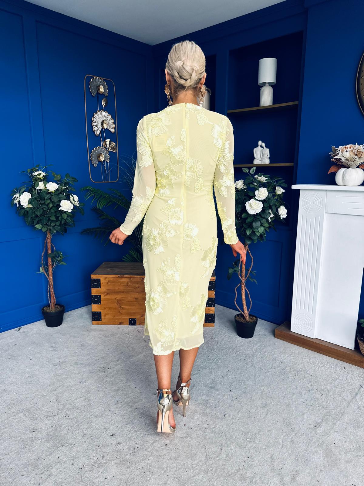 Elodie Floral Embroidered Mesh Bodycon Midi Dress Yellow