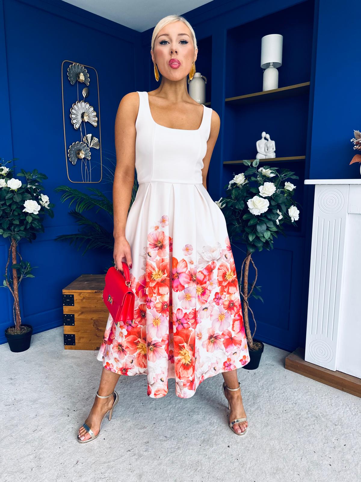 Erica Square Neck Pleated Midi Dress Floral print