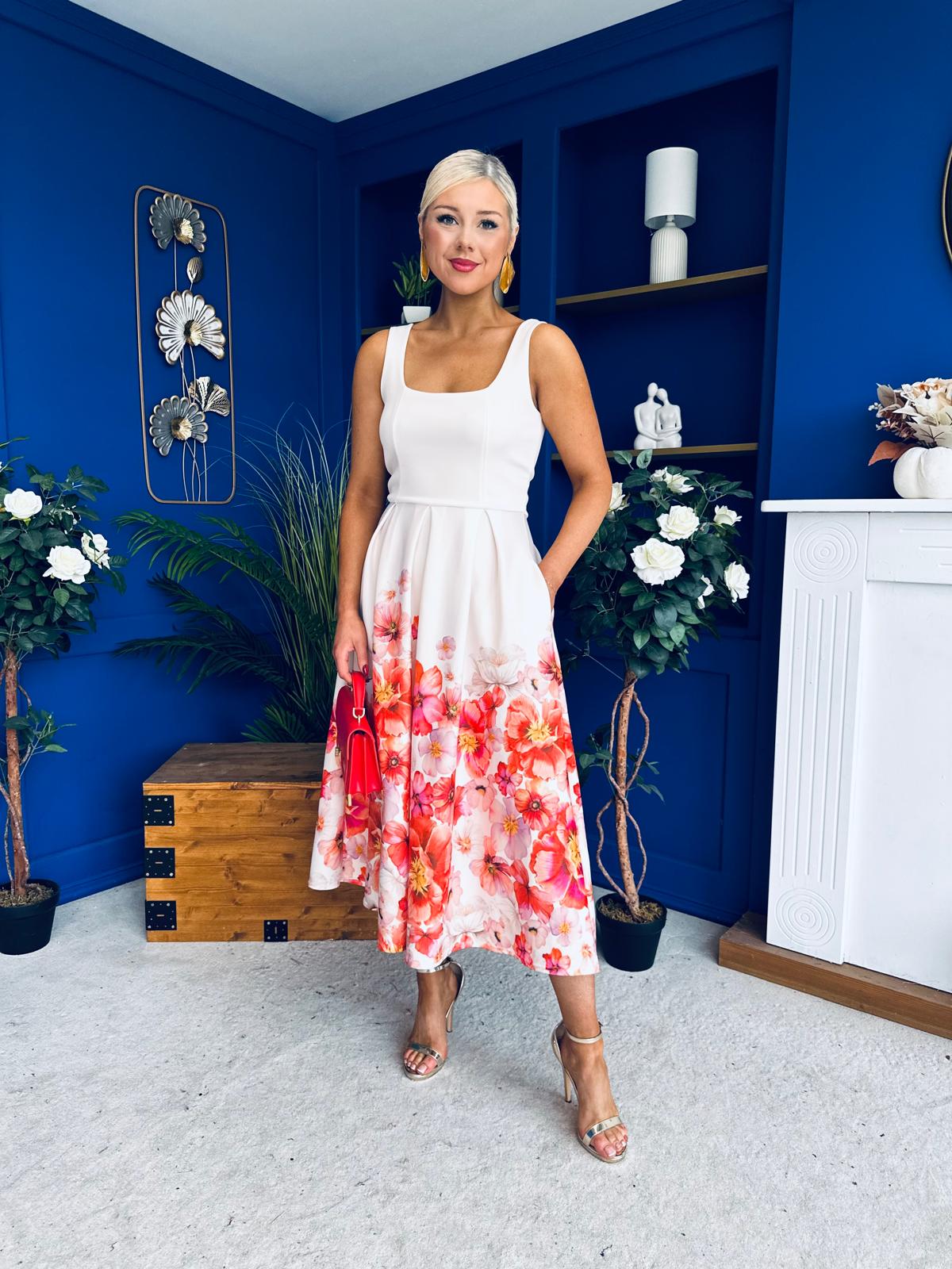 Erica Square Neck Pleated Midi Dress Floral print