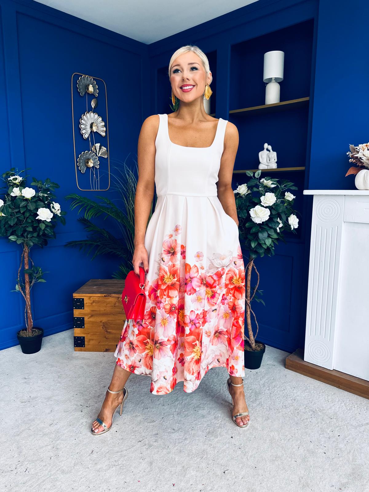 Erica Square Neck Pleated Midi Dress Floral print