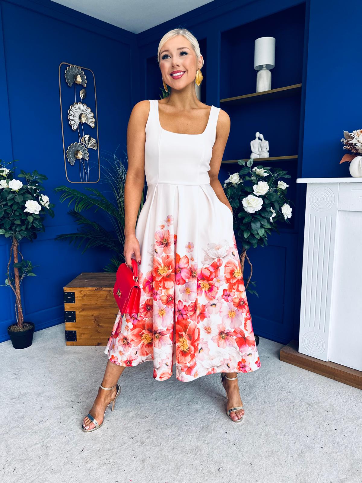 Erica Square Neck Pleated Midi Dress Floral print