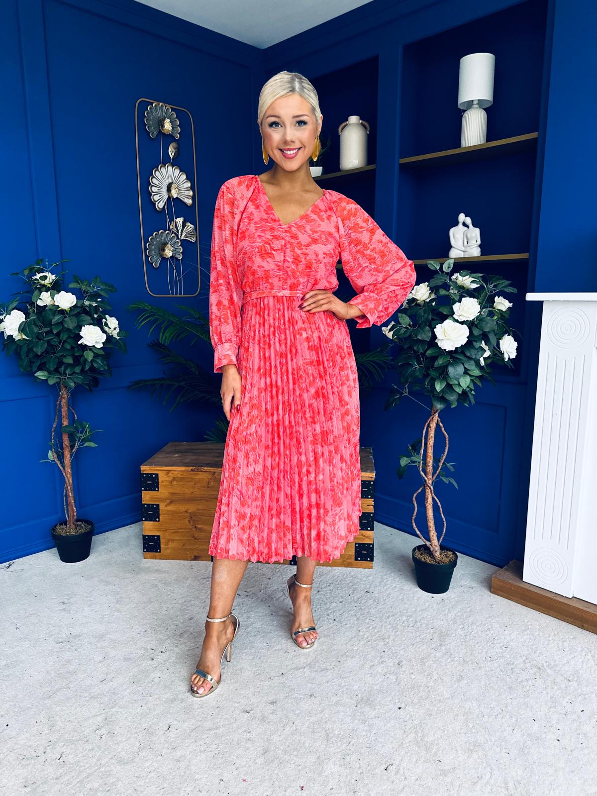 Caragh Pleated Midi Dress Floral Coral