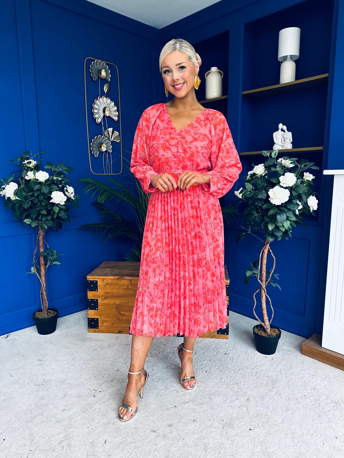 Caragh Pleated Midi Dress Floral Coral