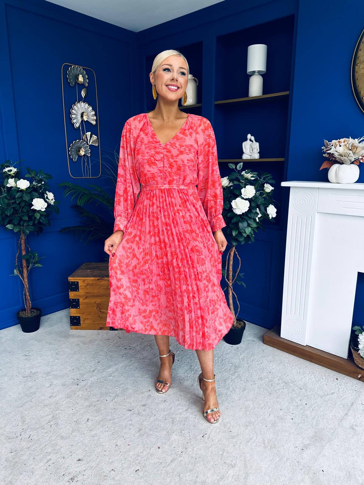 Caragh Pleated Midi Dress Floral Coral