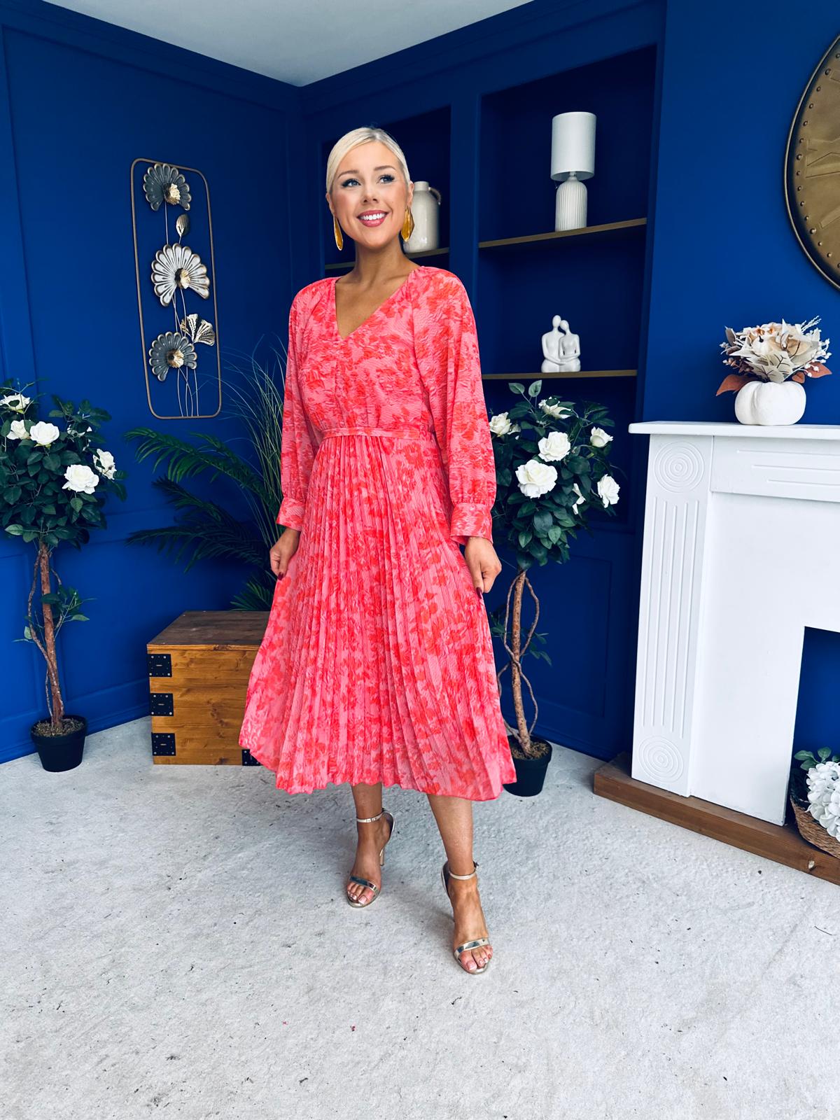 Caragh Pleated Midi Dress Floral Coral