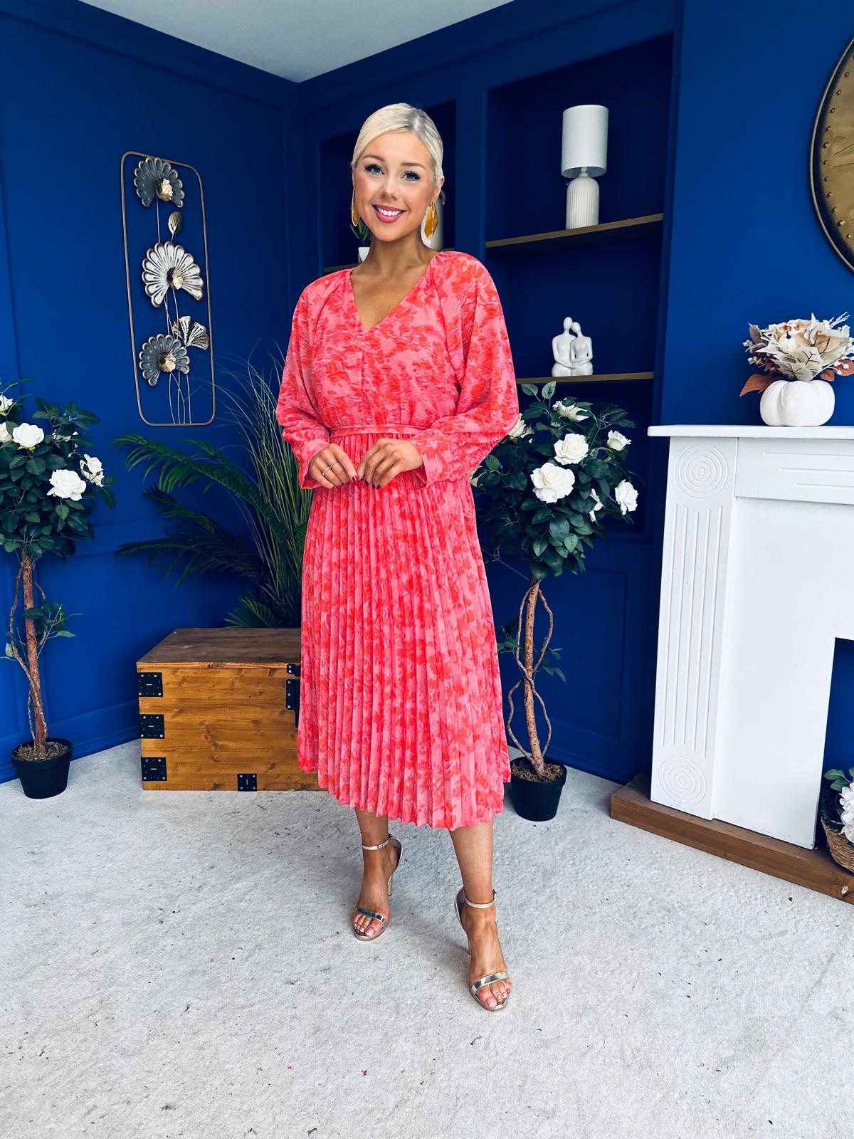 Caragh Pleated Midi Dress Floral Coral