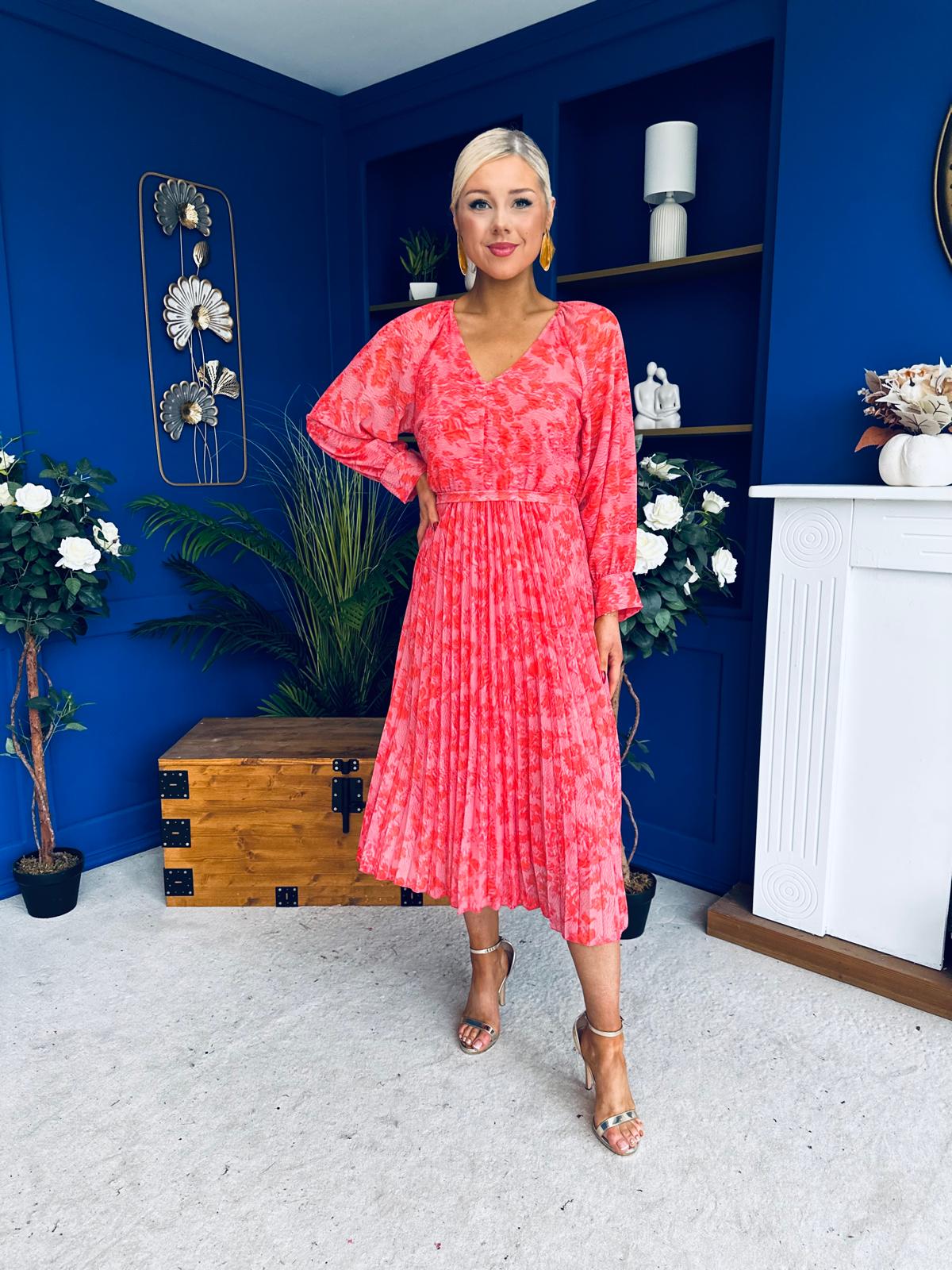 Caragh Pleated Midi Dress Floral Coral