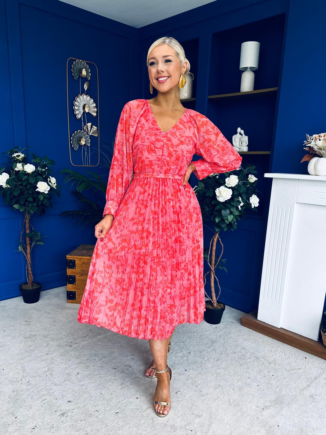 Caragh Pleated Midi Dress Floral Coral