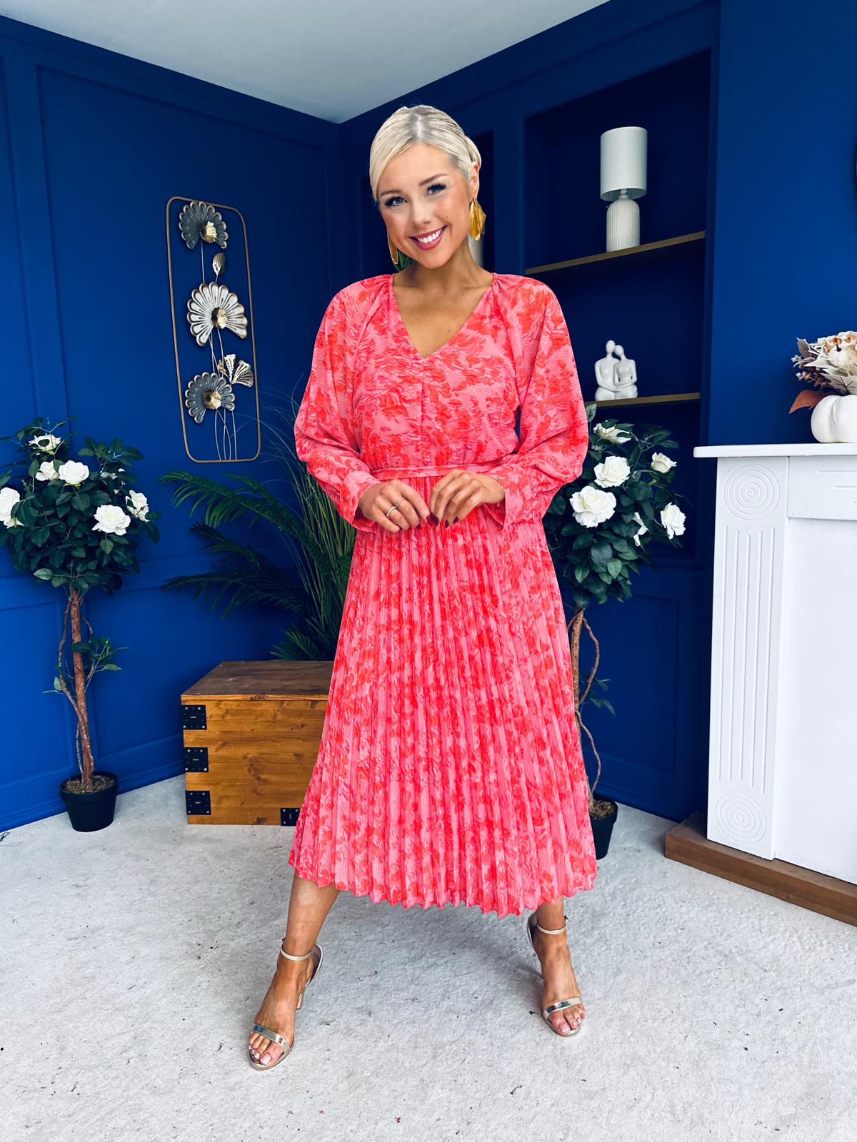 Caragh Pleated Midi Dress Floral Coral