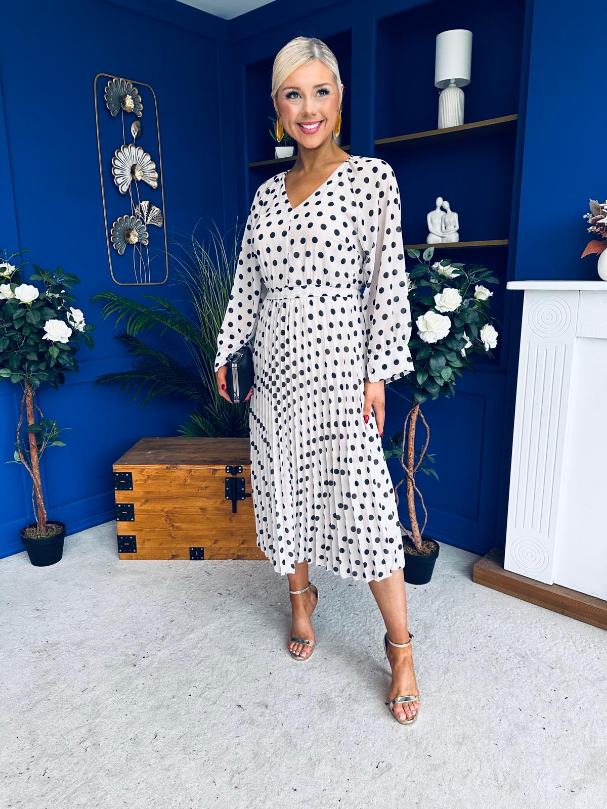 Caragh Pleated Midi Dress Polka Cream