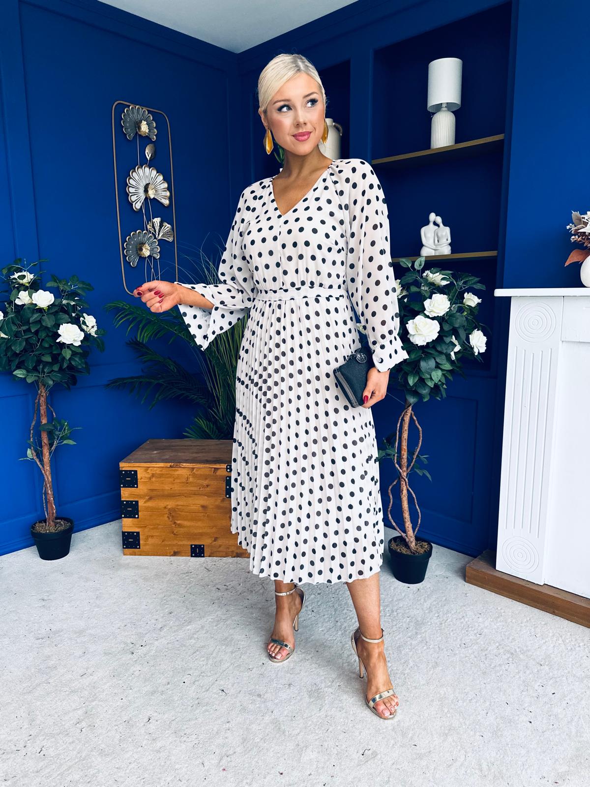 Caragh Pleated Midi Dress Polka Cream