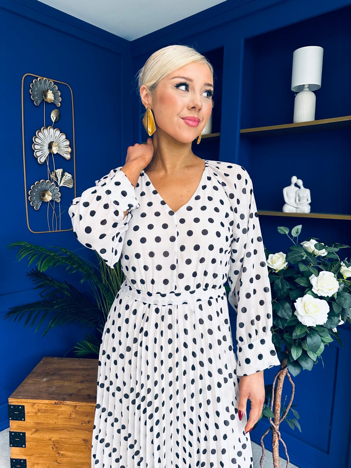 Caragh Pleated Midi Dress Polka Cream