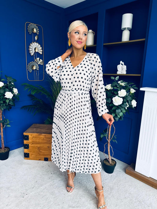 Caragh Pleated Midi Dress Polka Cream